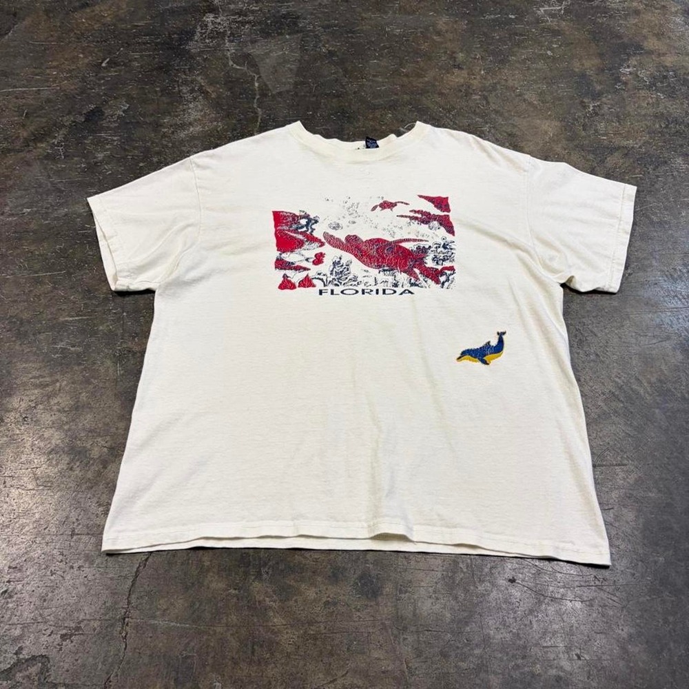 Vintage 90s Florida Nature Graphic T-Shirt White Cream Sea Turtle Dolphin Large